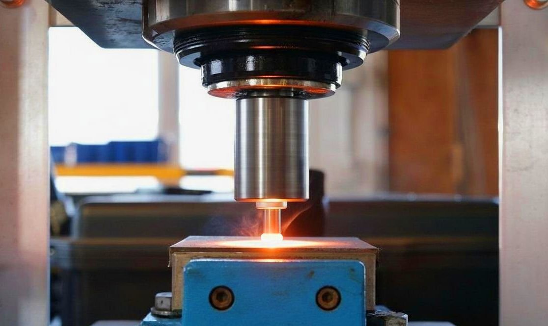 Friction welding in action showing the glowing heat at the weld interface